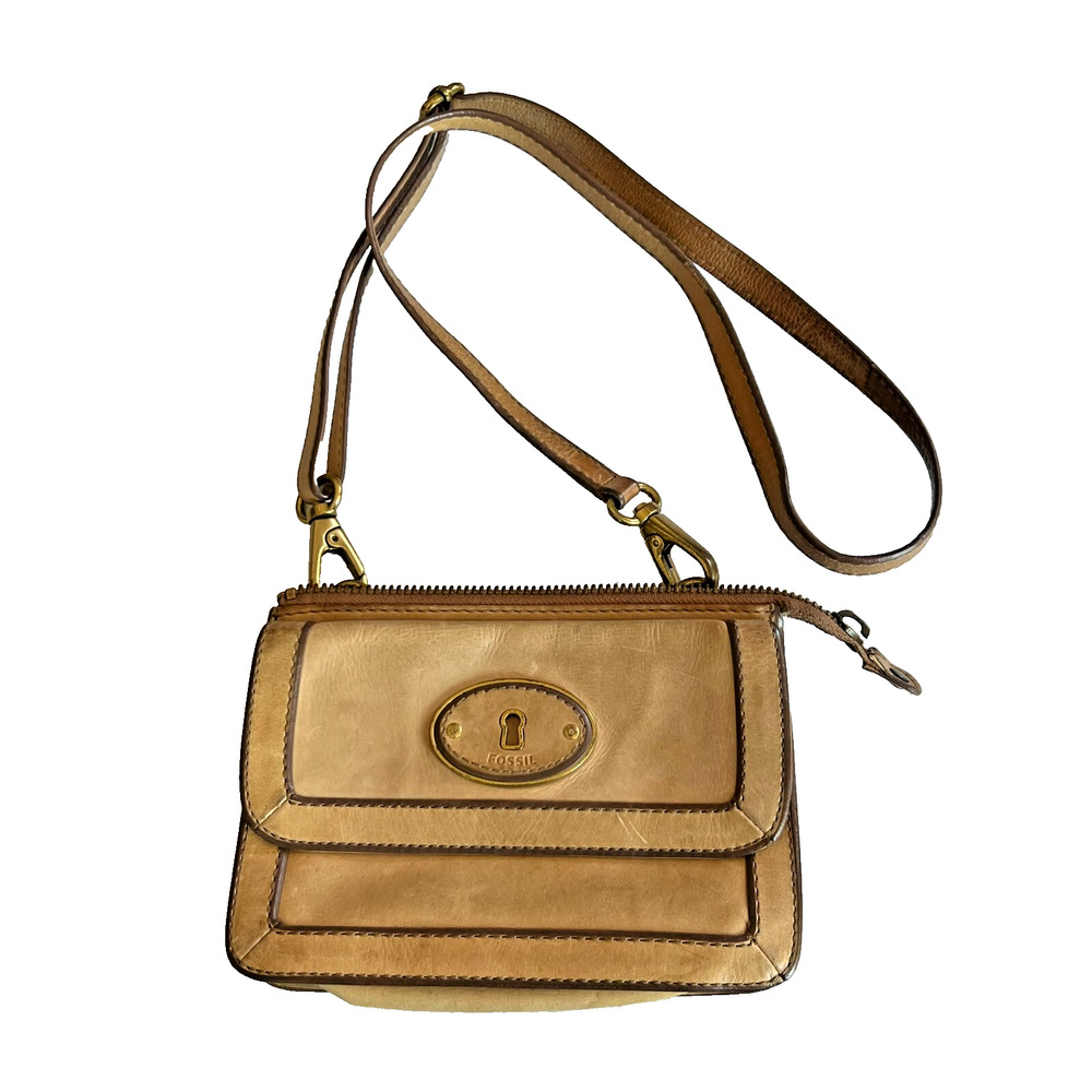 Fossil Key Per Crossbody Shoulder Clutch Camel Brown Removable Strap Purse